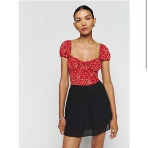 Reformation Red Floral Smocked Milkmaid Top - Micaela
